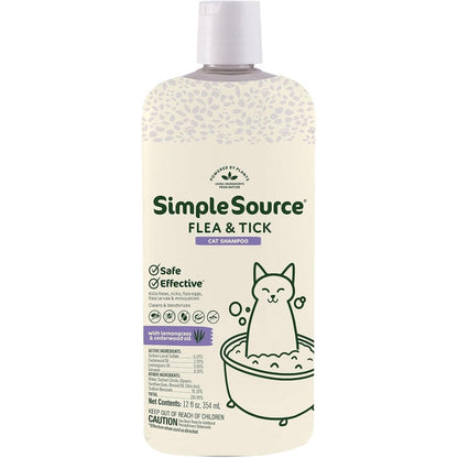 SimpleSource Flea and Tick Shampoo for Cats 12 Ounce front view bottle showing plant-powered formula text.