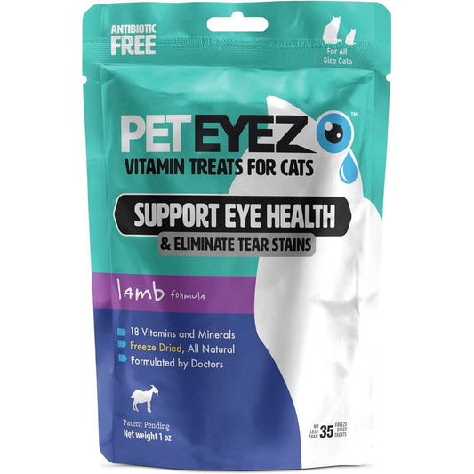 PetEyez Cat Tear Stain Remover lamb treats front view for feline eye health.
