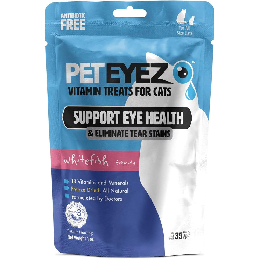 PetEyez Vitamin Treats for Cats packaging front view showing whitefish flavor text.