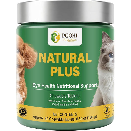 PGOHI Natural Plus Eye Health Chewable Tablets 90 Count front view bottle packaging for pet tear stain support.