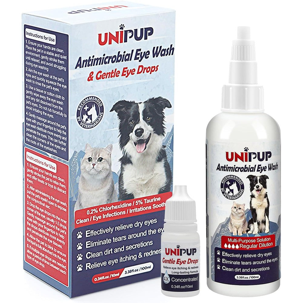 UNIPUP dog eye wash and drops set front view showing both product bottles