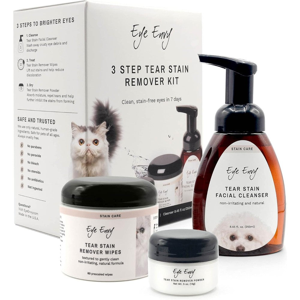 Eye Envy 3 Step Tear Stain Remover Kit for Cats front view showing the complete packaging and grooming items.