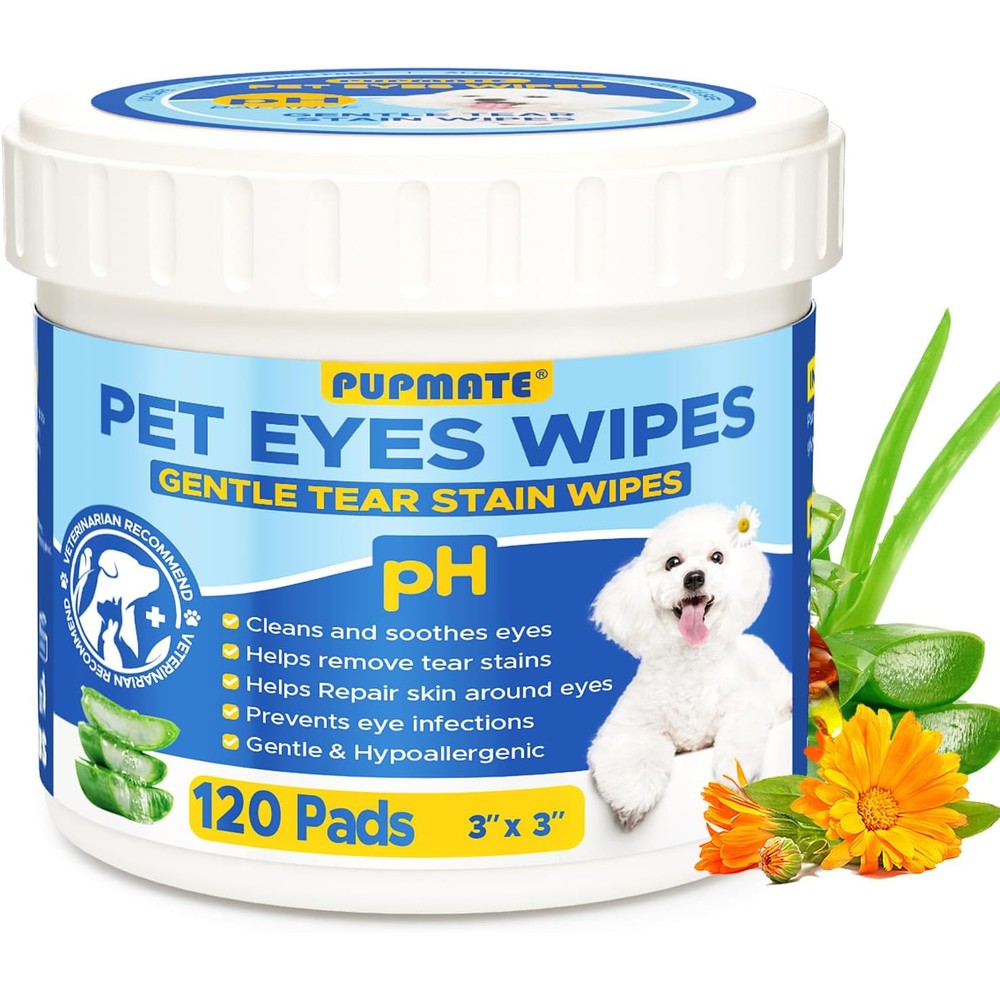 Pupmate Pet Eye Wipes front view of container showing one hundred twenty count label