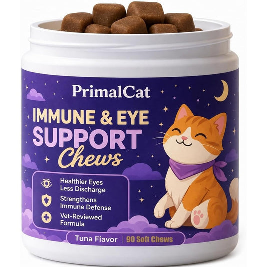 OHIWGN PrimalCat Immune and Eye Care Chews for Cats front view showing the 90 tuna flavor soft chews tub.