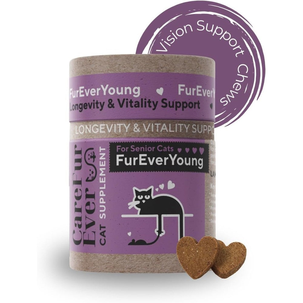 CareFurEver FurEverYoung senior cat supplement treats purple canister front view for cognitive care.