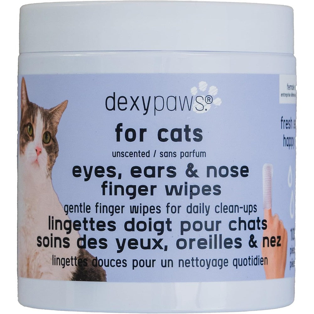 Dexypaws Cat Eyes Ears Nose Finger Wipes front view of the 100 count container