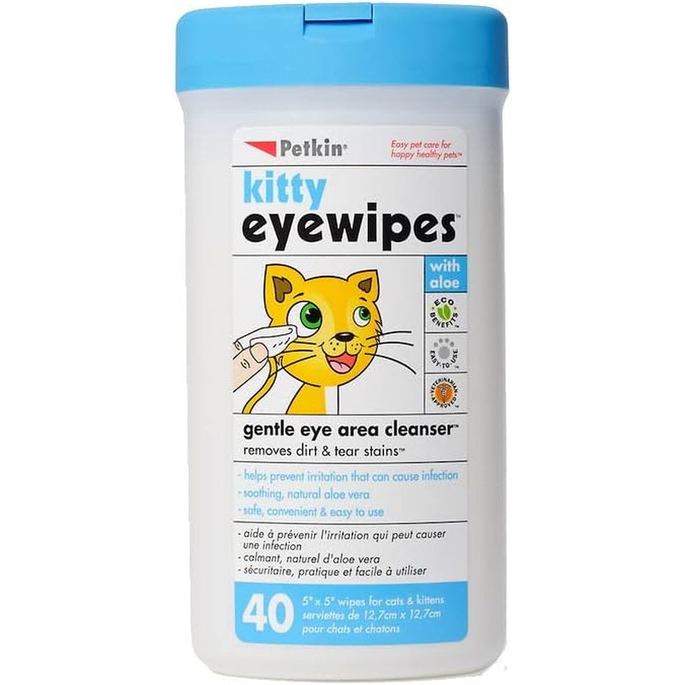 Petkin Kitty Eye Wipes front view of 40 count canister for cat tear stain removal