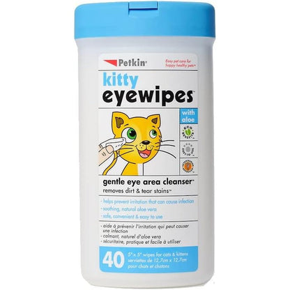 Petkin Kitty Eye Wipes front view of 40 count canister for cat tear stain removal