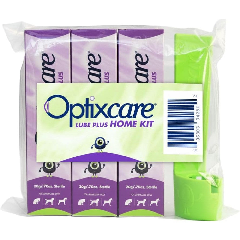 Optixcare Eye Lube Plus Home Kit front view showing three premium pet eye gel tubes and the organizer holder