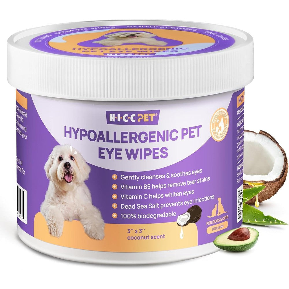HICC PET Hypoallergenic Eye Wipes packaging front view for dog and cat eye care
