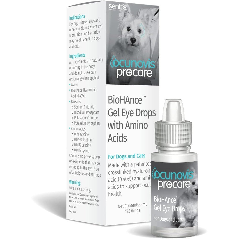 Sentrx Ocunovis ProCare Gel Eye Drops front view package of premium pet eye lubricant.