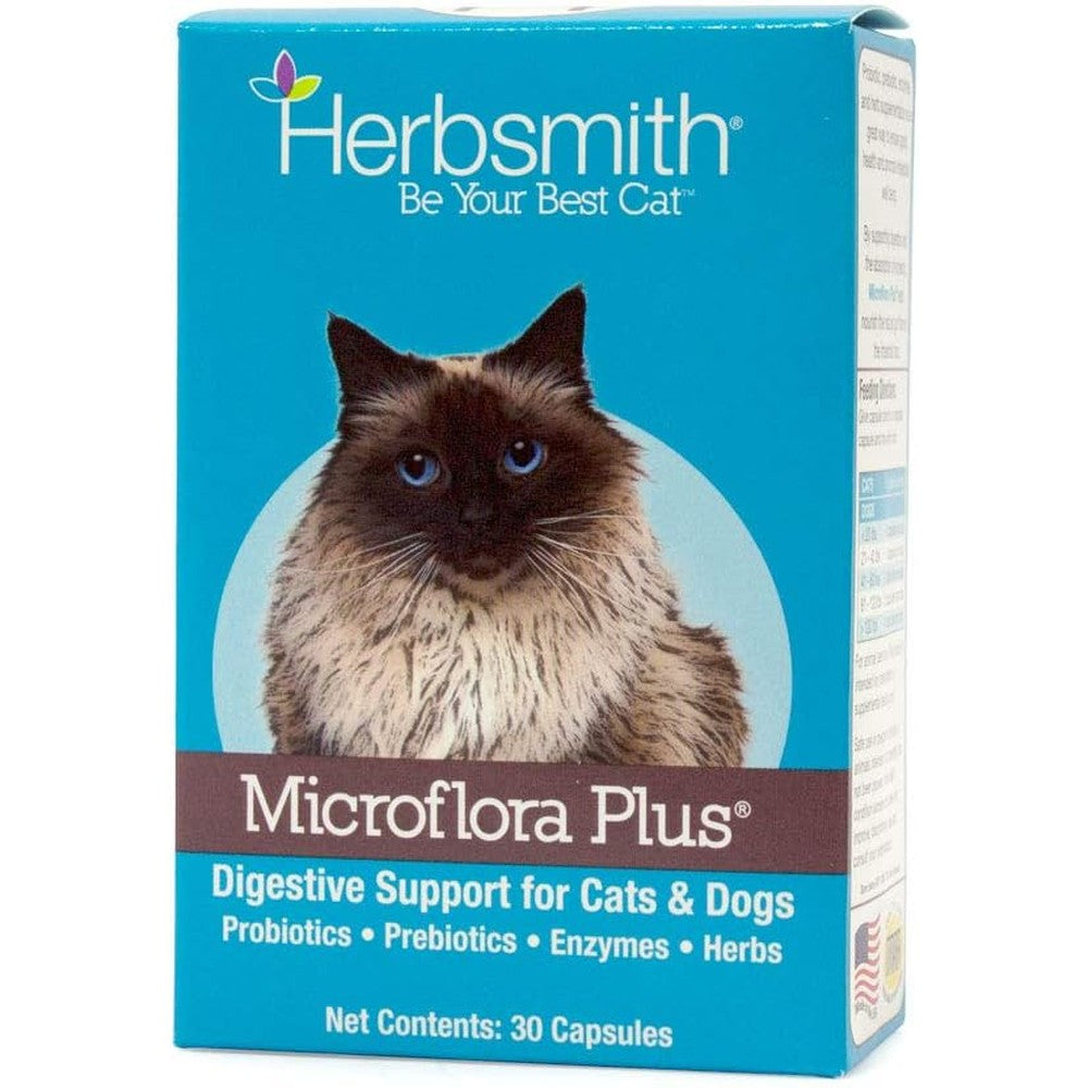 Herbsmith Microflora Plus Cat Digestive Aid front view packaging premium feline probiotic supplement