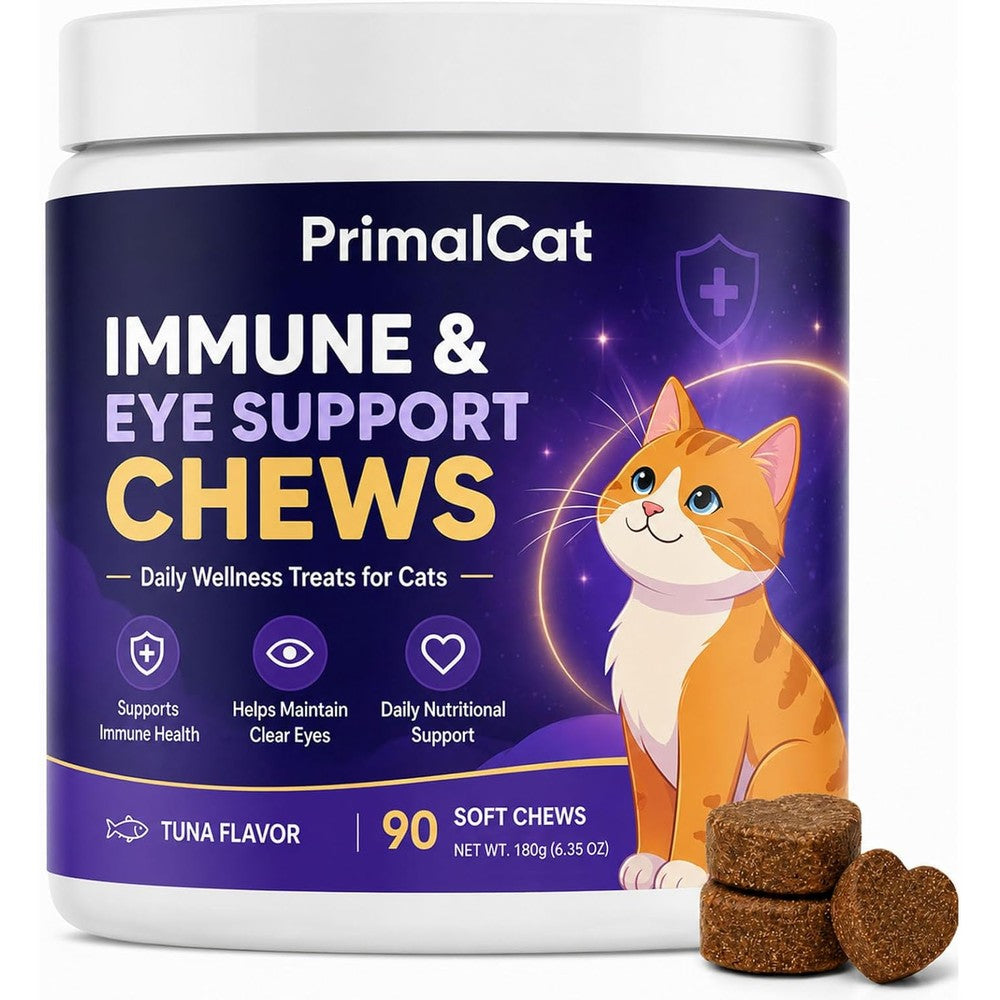 OHIWGN PrimalCat Immune and Eye Support Chews front bottle view for feline respiratory health.