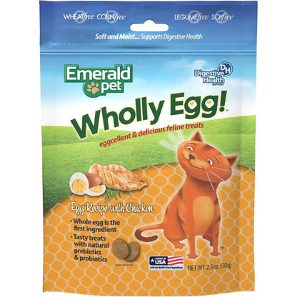 Emerald Pet Wholly Egg Digestive Health Chicken Cat Treats front packaging view