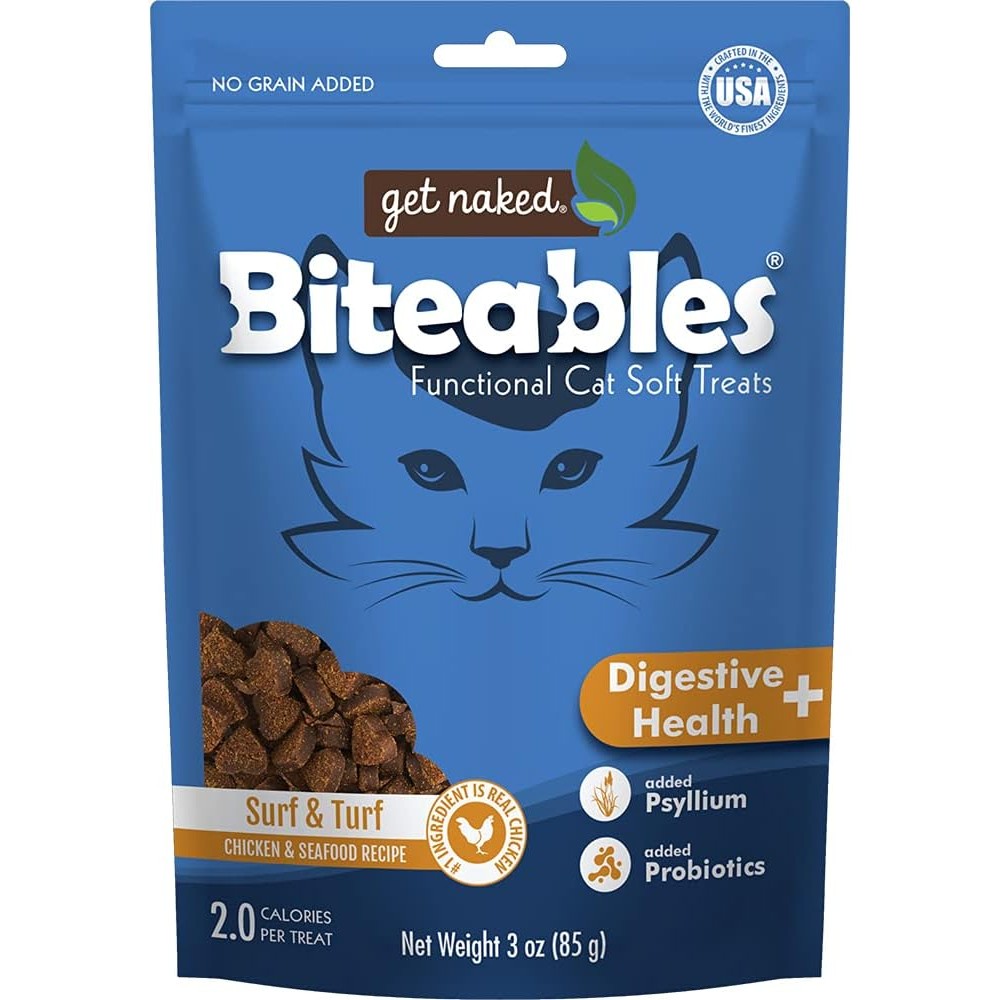 Get Naked Biteables Digestive Health Plus cat treats front package view for healthy feline digestion.