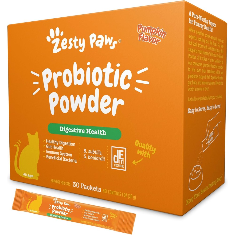 Zesty Paws Probiotics for Cats powder meal topper front view packaging for feline gut health.