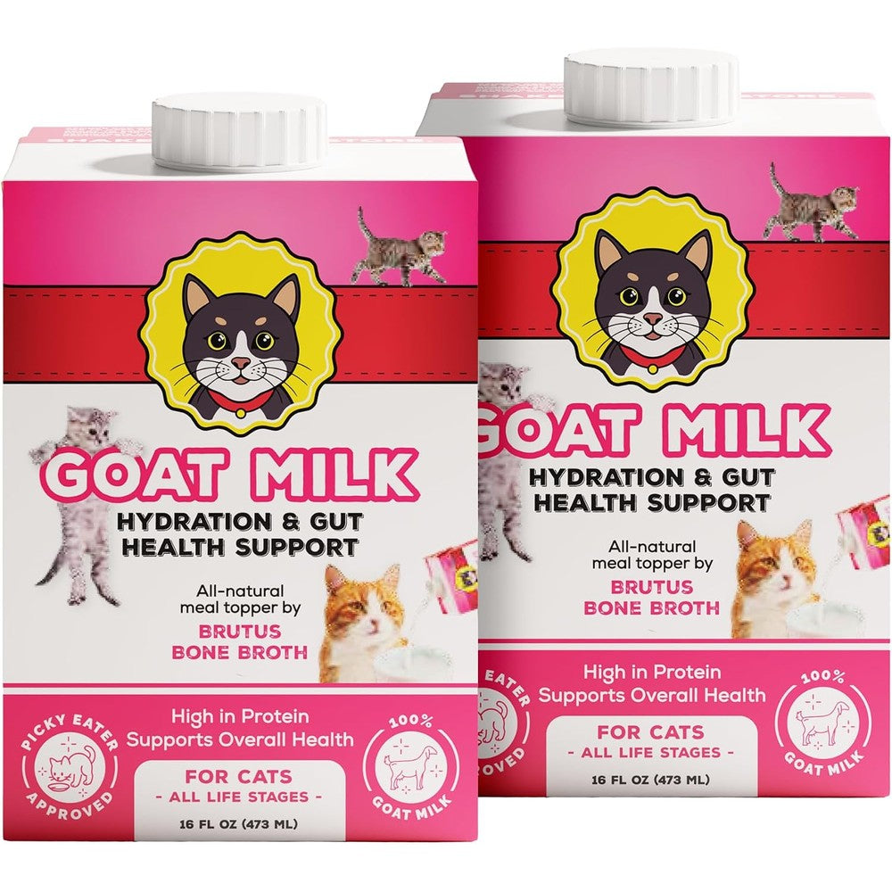 Brutus Broth Goat Milk for Cats front view packaging of the USA imported liquid cat meal topper supplement.