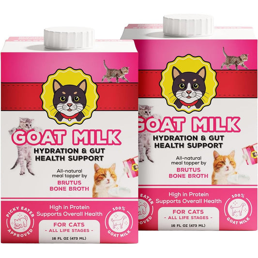Brutus Broth Goat Milk for Cats front view packaging of the USA imported liquid cat meal topper supplement.