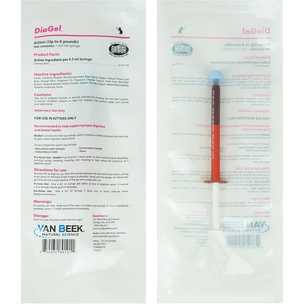 Van Beek Natural Science DiaGel for Kittens single dose oral syringe front view for pet digestive health