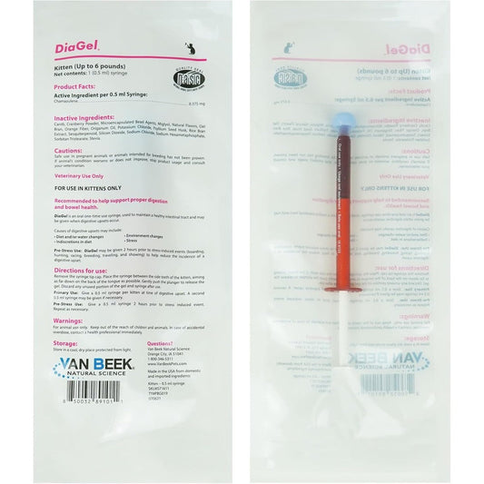 Van Beek Natural Science DiaGel for Kittens single dose oral syringe front view for pet digestive health