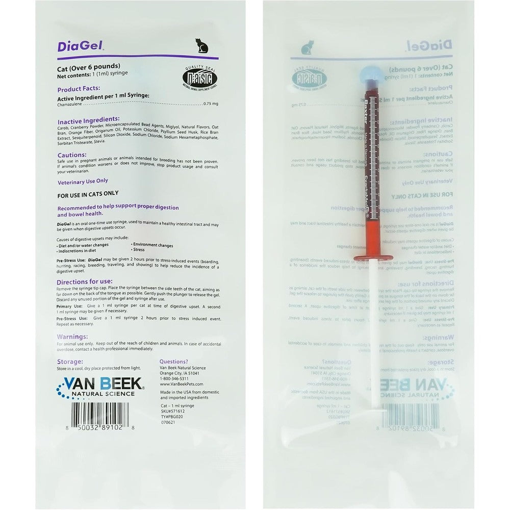 Van Beek Natural Science DiaGel for Cats oral syringe front view for feline digestive health support.