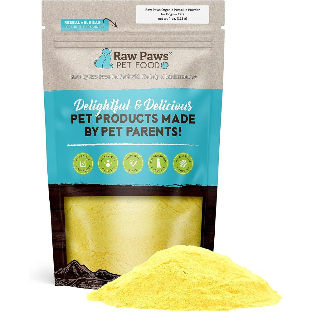 Raw Paws Organic Pumpkin Powder for dogs and cats 4 Ounce packaging front view