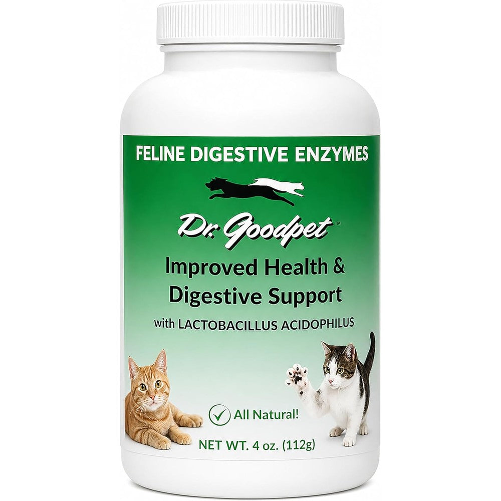 Dr. Goodpet Feline Digestive Enzymes front view bottle of imported daily gut supplement powder for cats.