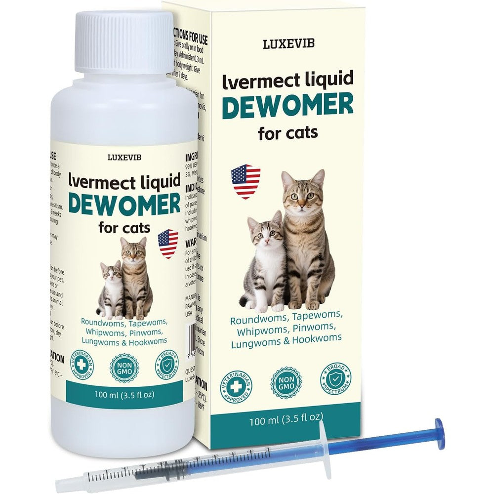 LuxeVib Dewormer Liquid Formula for Cat front view bottle with oral syringe