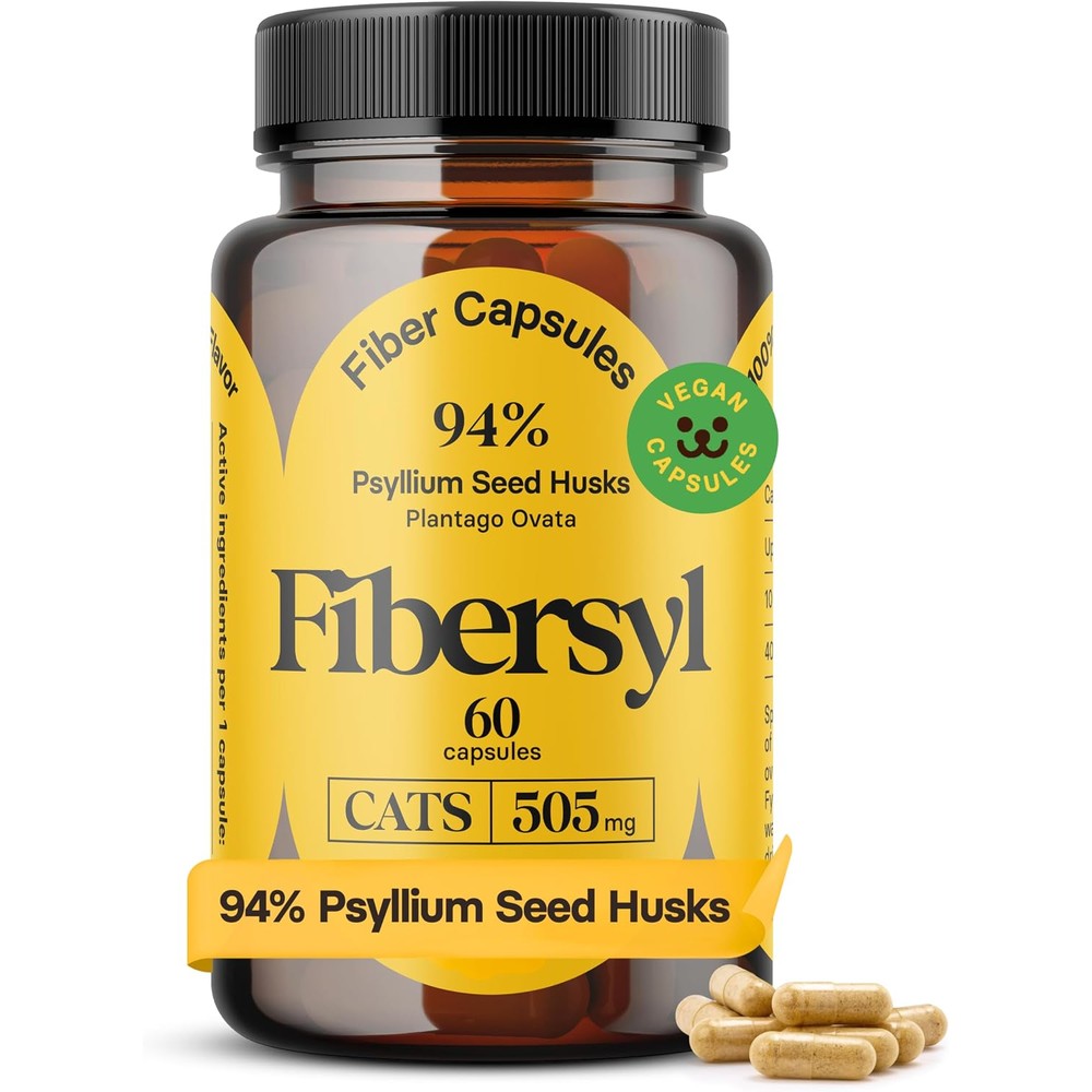 Medsmehappy FiberSyl Prebiotics for Cats 60 Capsules front bottle view showcasing feline digestive health supplement.