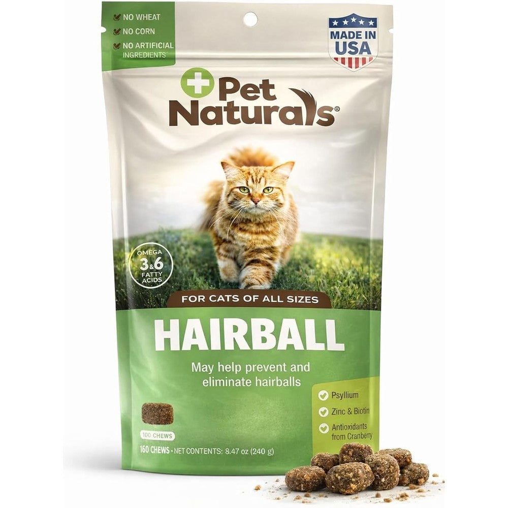 Pet Naturals Hairball Soft Chews for Cats 160 Count front packaging view showing chicken flavor details.