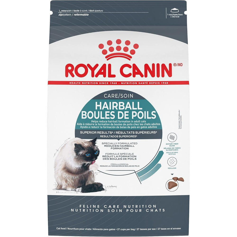 Royal Canin Hairball Care adult dry cat food front view packaging for hairball control