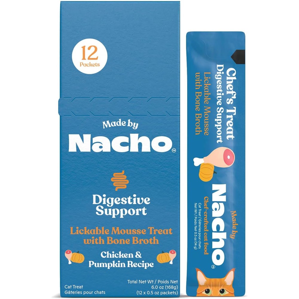 Made by Nacho digestive support lickable cat mousse treats box front view