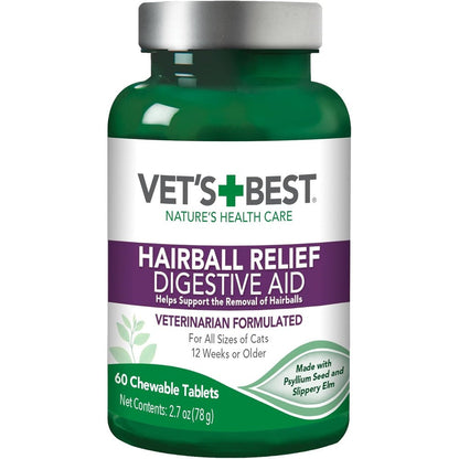 Vet's Best Cat Hairball Relief Digestive Aid sixty tablets bottle front view showing authentic chicken flavored supplement