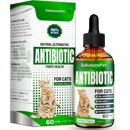SalutemPet natural cat antibiotic supplement 2 Ounce front view bottle with dropper