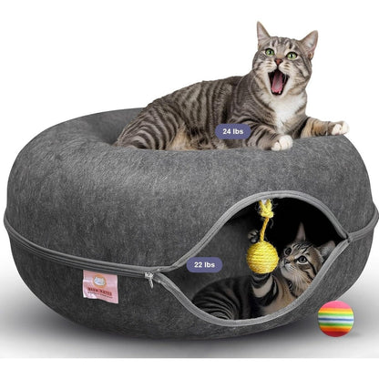 Meow Mates Peekaboo Cat Cave Donut Bed For Multiple Cats Large Scratch Resistant Tunnel Bed With Hanging Toy Dark Grey 24 X 24 X 11 Inches