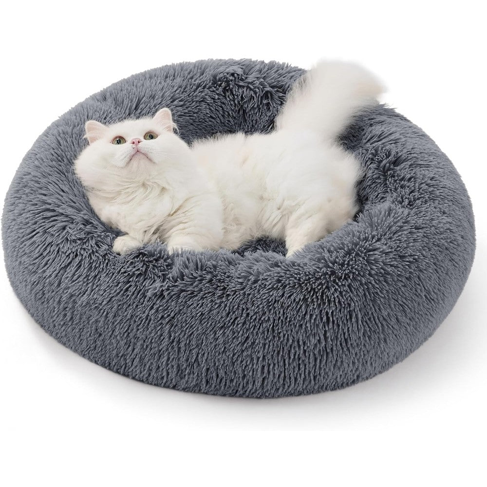 Bedsure Calming Donut Cat Bed For Kitten And Puppy Fluffy Plush Round Pet Bed Anti-Anxiety Soft Comfy Cuddler 20 By 20 Inches Grey