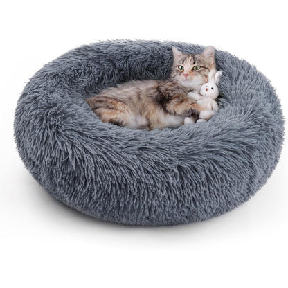 Rabbitgoo Calming Cat Bed For Indoor Cats 20 Inch Dark Grey Soft Warm Donut Cuddler Plush Faux Fur Anti-Slip Machine Washable Bed