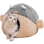 Lcybem Cat Bed Cave For Indoor Cats With Removable Washable Cushioned Pillow Soft Plush Premium Cotton Grey Pufferfish Design