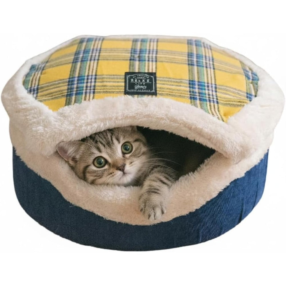 Urnat Cat Plaid Cave Bed Enclosed Hideaway Nest With Detachable Lid And Mat For Indoor Kitten And Kitty Yellow