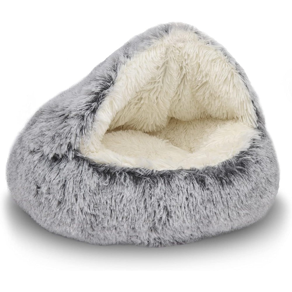 ShinHye Cat Bed Round Plush Fluffy Hooded Cat Bed Cave For Indoor Cats Or Small Dogs Anti-Anxiety Doughnut Bed Grey 20 By 20 Inches
