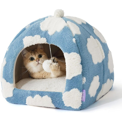 Le Sure 2 In 1 Cat Cave Bed For Indoor Cats And Kittens With Removable Washable Cushion And Non Slip Bottom Blue 16 Inches