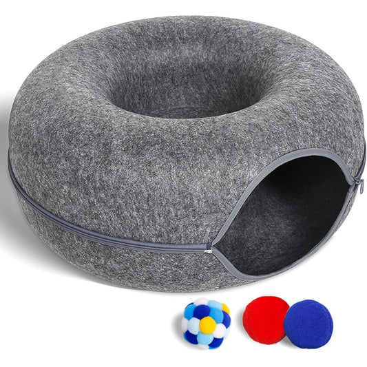 Pliislup Large Cat Tunnel Bed For Indoor Cats, Scratch Resistant Felt Donut Cat Cave With 3 Toys, 24x24x11 Inches, Dark Grey