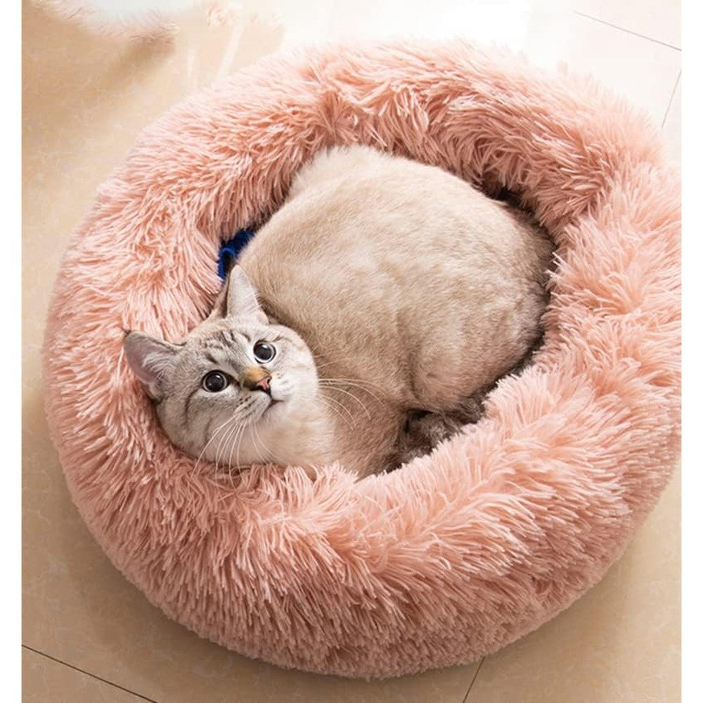 Generic Anti Anxiety Round Fluffy Plush Faux Fur Pet Bed For Indoor Cats And Small Dogs Washable Donut Dog Bed Thick Bottom Pink Medium 20 Inches