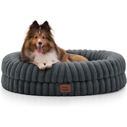 ChiXnuggle Orthopedic Dog Bed For Medium Dogs Luxury Striped Faux Rabbit Fur Waterproof Pet Couch With Egg Crate Foam Support 30x24x7 Inches Dark Grey