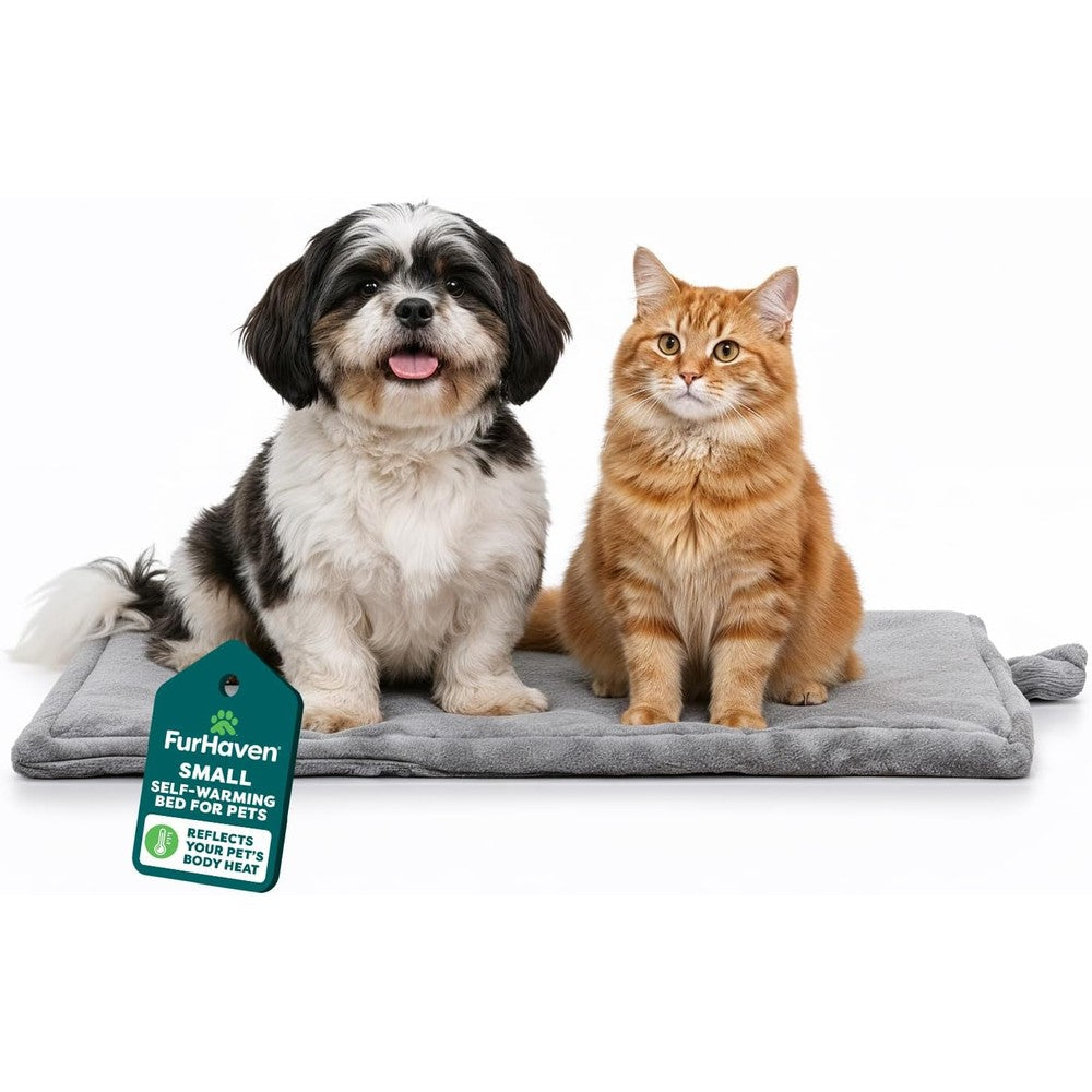 Furhaven ThermaNAP Self Warming Cat Mat And Small Dog Bed For Crates, Plush Faux Fur, Gray, Small