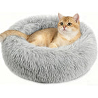 Rainflow Calming Cat Bed For Small Kittens Donut Washable Round For Indoor Kittens And Puppies Anti-Slip Plush Faux Fur Light Grey