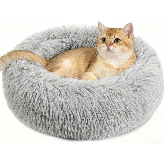 Rainflow Calming Cat Bed For Small Kittens Donut Washable Round For Indoor Kittens And Puppies Anti-Slip Plush Faux Fur Light Grey