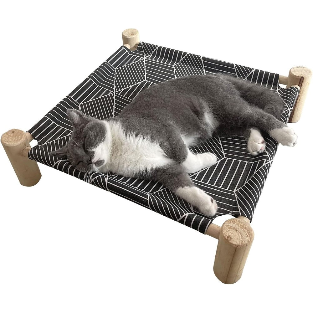 Pozico Cat And Dog Bed Hammock With Wooden Frame And Breathable Mesh Elevated Pet Cot For Small Animals In Black Diamond Design