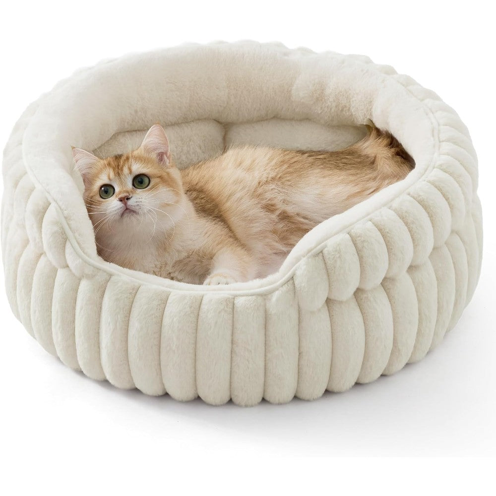 Bedsure ComfyFleece Cat Bed Washable Round Cute Pet Bed For Indoor Cats Super Soft Corduroy Kitten Bed With Anti-Slip Bottom Cream 20 Inches