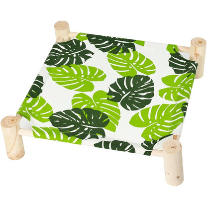 Patas Lague Elevated Pet Hammock Bed For Small Dogs And Cats With Breathable Monstera Leaf Pattern Linen Fabric And Natural Wooden Frame